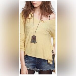 Free People Lagenlook Yellow Sunset Park Drippy Waffle Knit Thermal Tunic Top